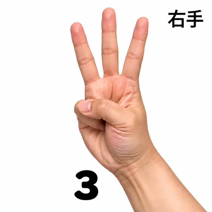 右手三根一般手指伸出，表示個位數 3
