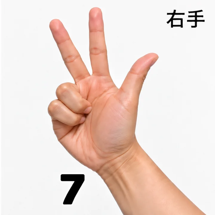 右手拇指和兩根一般手指伸出，表示個位數 7